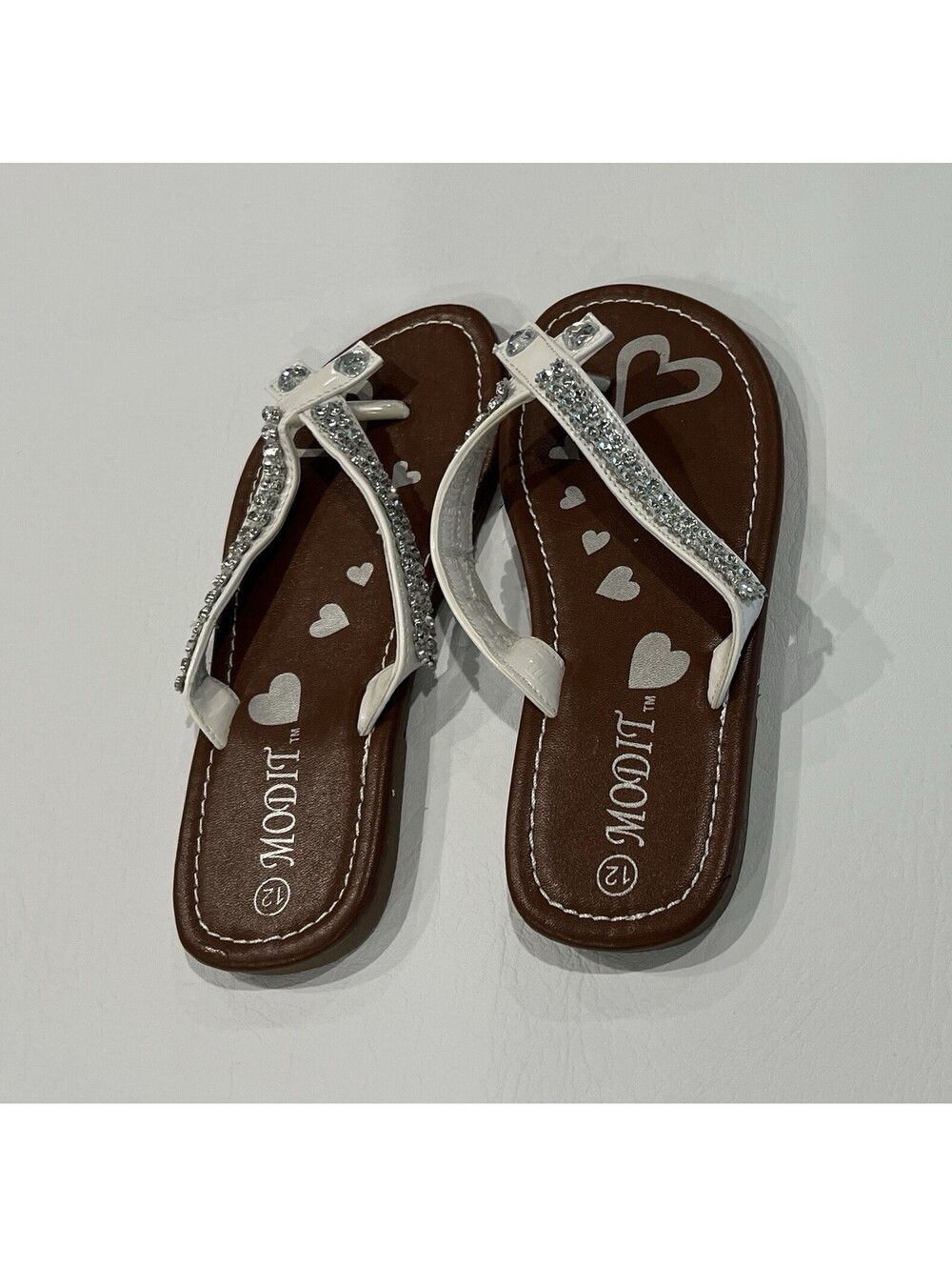 MODIT Girls Youth Size 12 White Silver Rhinestone Flip Flop Sandals New